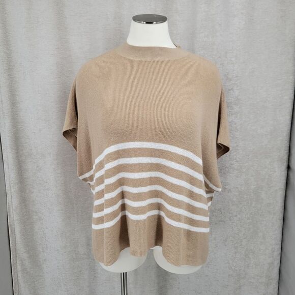 J. Crew One Size Sweater Poncho Tan White Stripes Mock Neck Women's - Picture 2 of 10